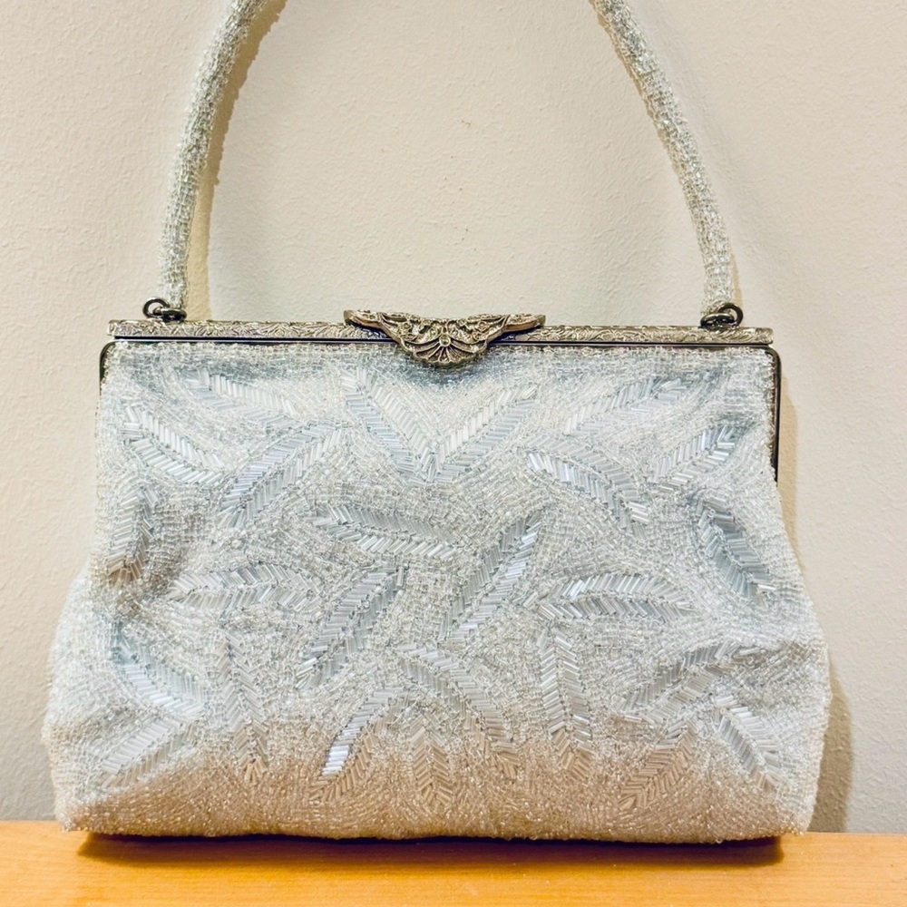 Mid-Century micro beaded by hand silvery blue glass Waldorg purse art deco top